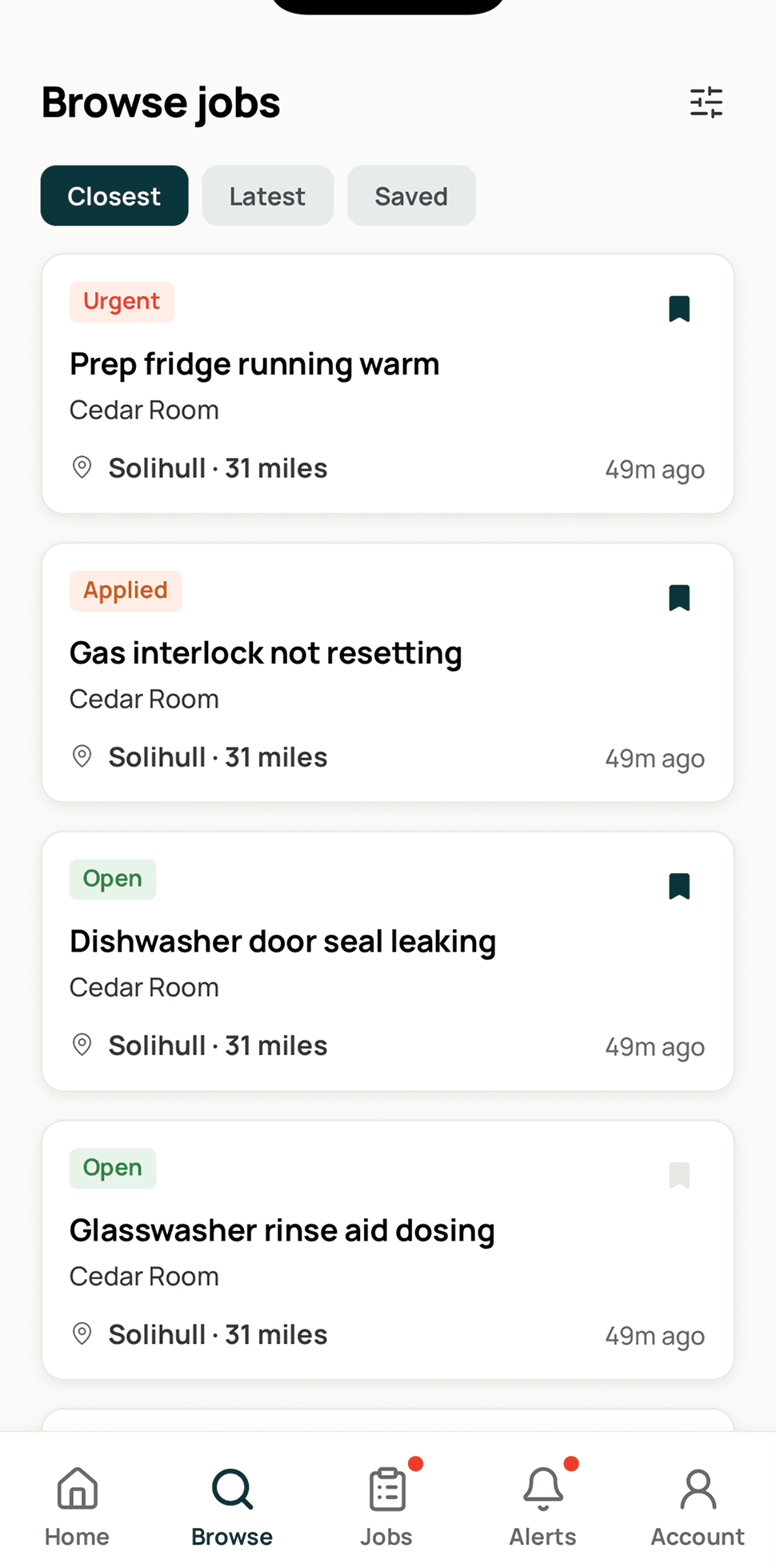 Coriva browse jobs feed showing nearby repair callouts