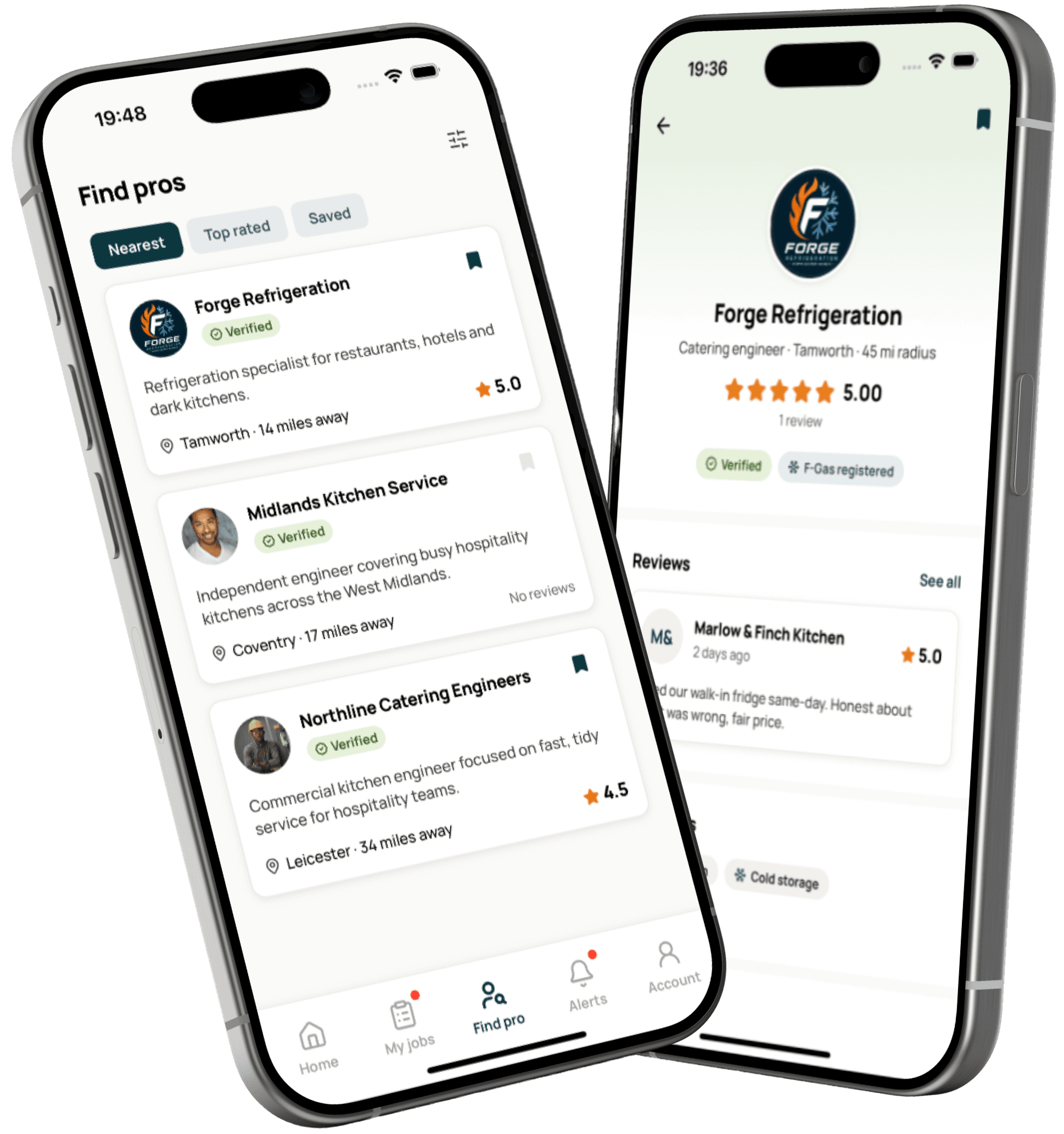 Coriva app on two phones showing find pros and engineer profiles