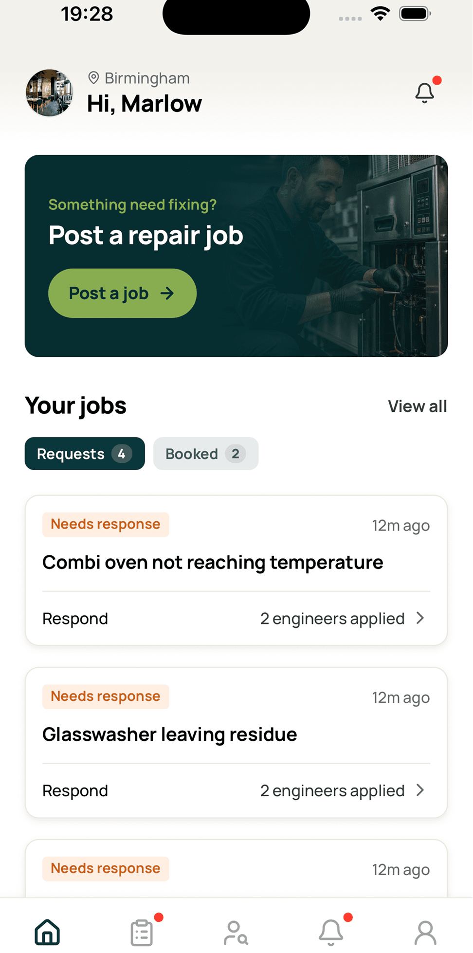 Coriva kitchen dashboard showing open repair requests